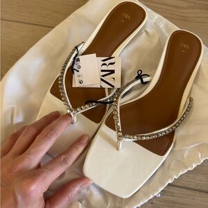 NWT Zara white Rhinestone Strap kitten heels Sandals